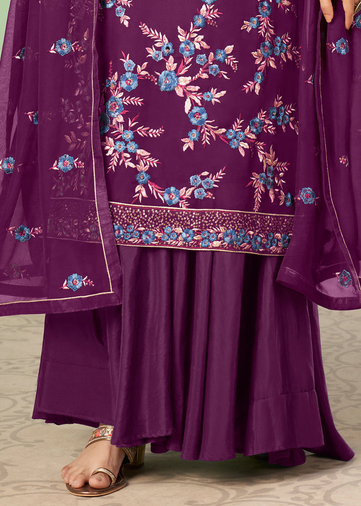 Lollipop Purple Georgette Salwar Suit with Multi Colour Thread Embroidery & Sequence work By Qivii