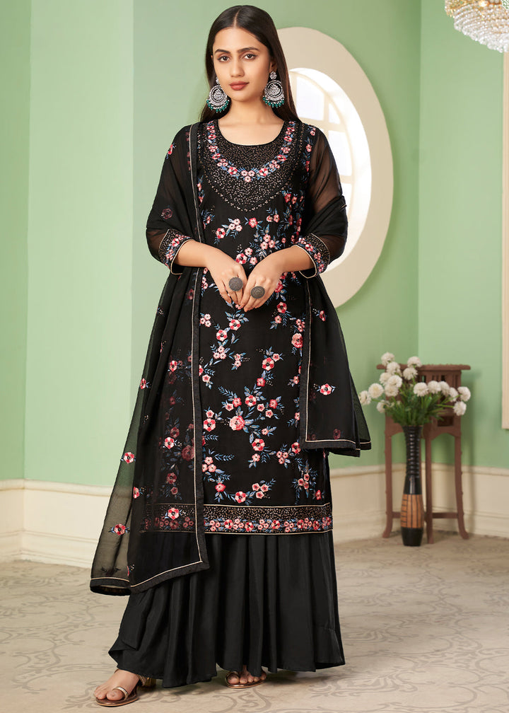 Pitch Black Georgette Salwar Suit with Multi Colour Thread Embroidery & Sequence work By Qivii