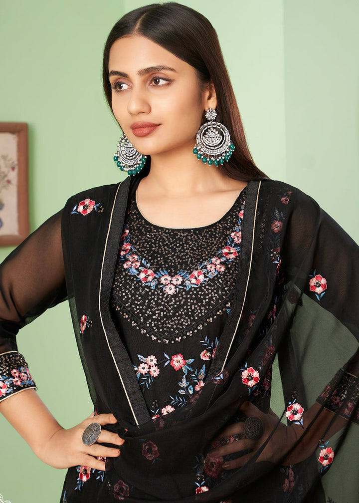 Pitch Black Georgette Salwar Suit with Multi Colour Thread Embroidery & Sequence work By Qivii