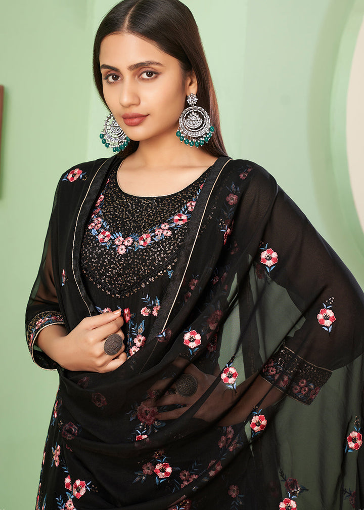 Pitch Black Georgette Salwar Suit with Multi Colour Thread Embroidery & Sequence work By Qivii