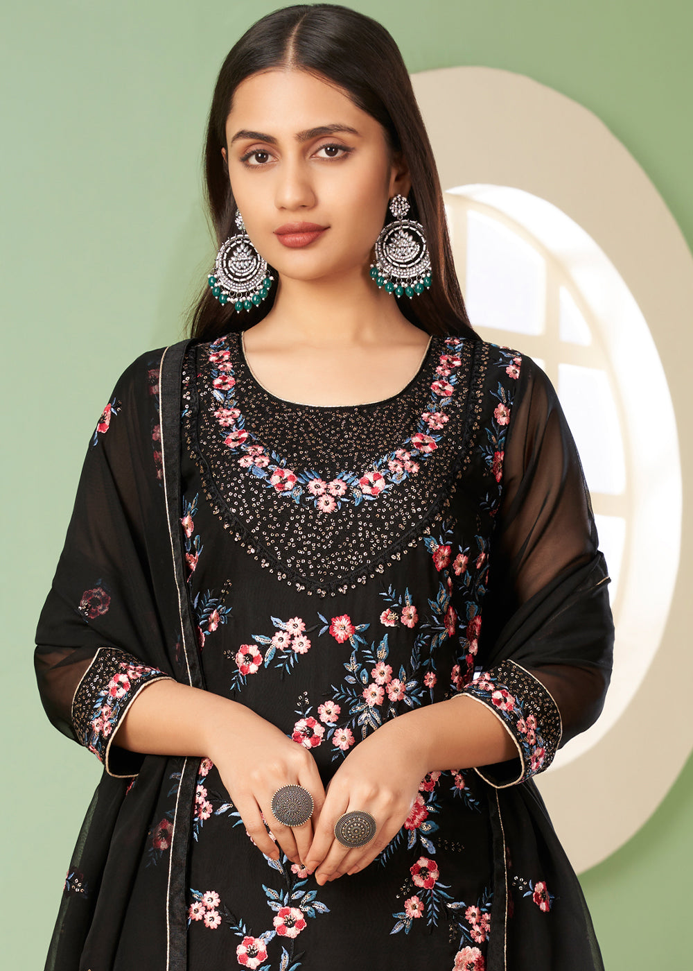 Pitch Black Georgette Salwar Suit with Multi Colour Thread Embroidery & Sequence work By Qivii