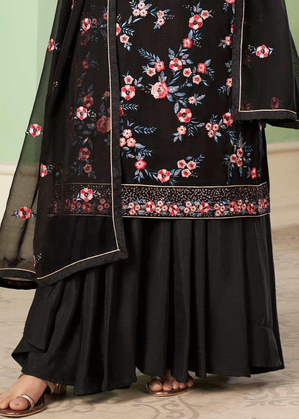 Pitch Black Georgette Salwar Suit with Multi Colour Thread Embroidery & Sequence work By Qivii