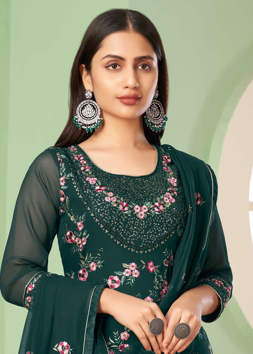 Pine Green Georgette Salwar Suit with Multi Colour Thread Embroidery & Sequence work By Qivii