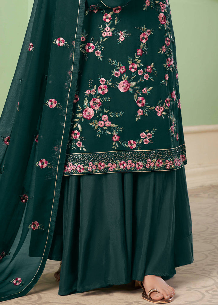 Pine Green Georgette Salwar Suit with Multi Colour Thread Embroidery & Sequence work By Qivii