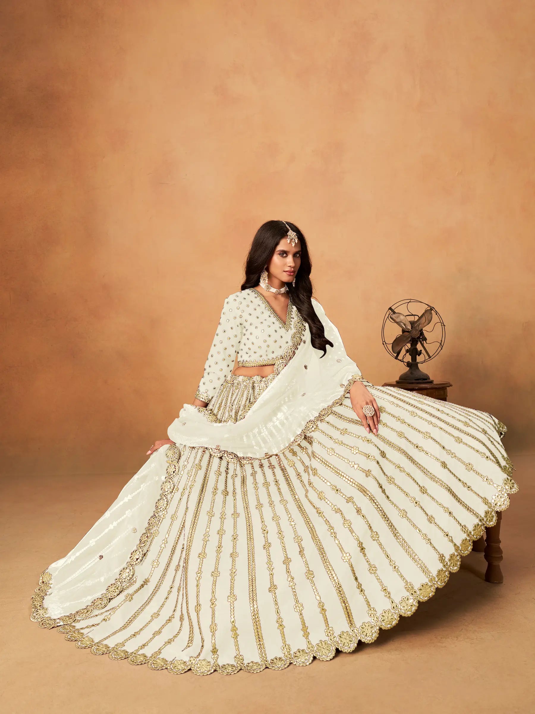 Off White Art Silk Paper Mirror & Embroidery Lehenga Choli - qivii