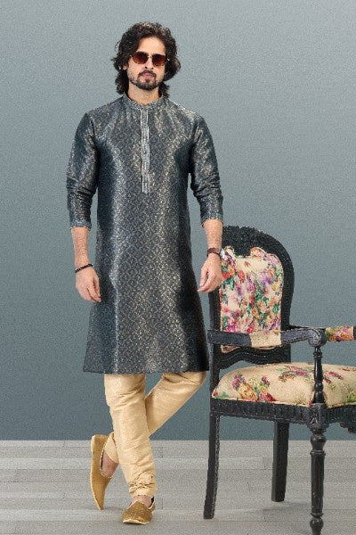 Men's Grey Jacquard Banarasi Silk Pintux Work Kurta Pajama Set