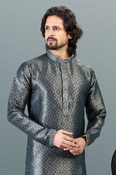 Men's Grey Jacquard Banarasi Silk Pintux Work Kurta Pajama Set