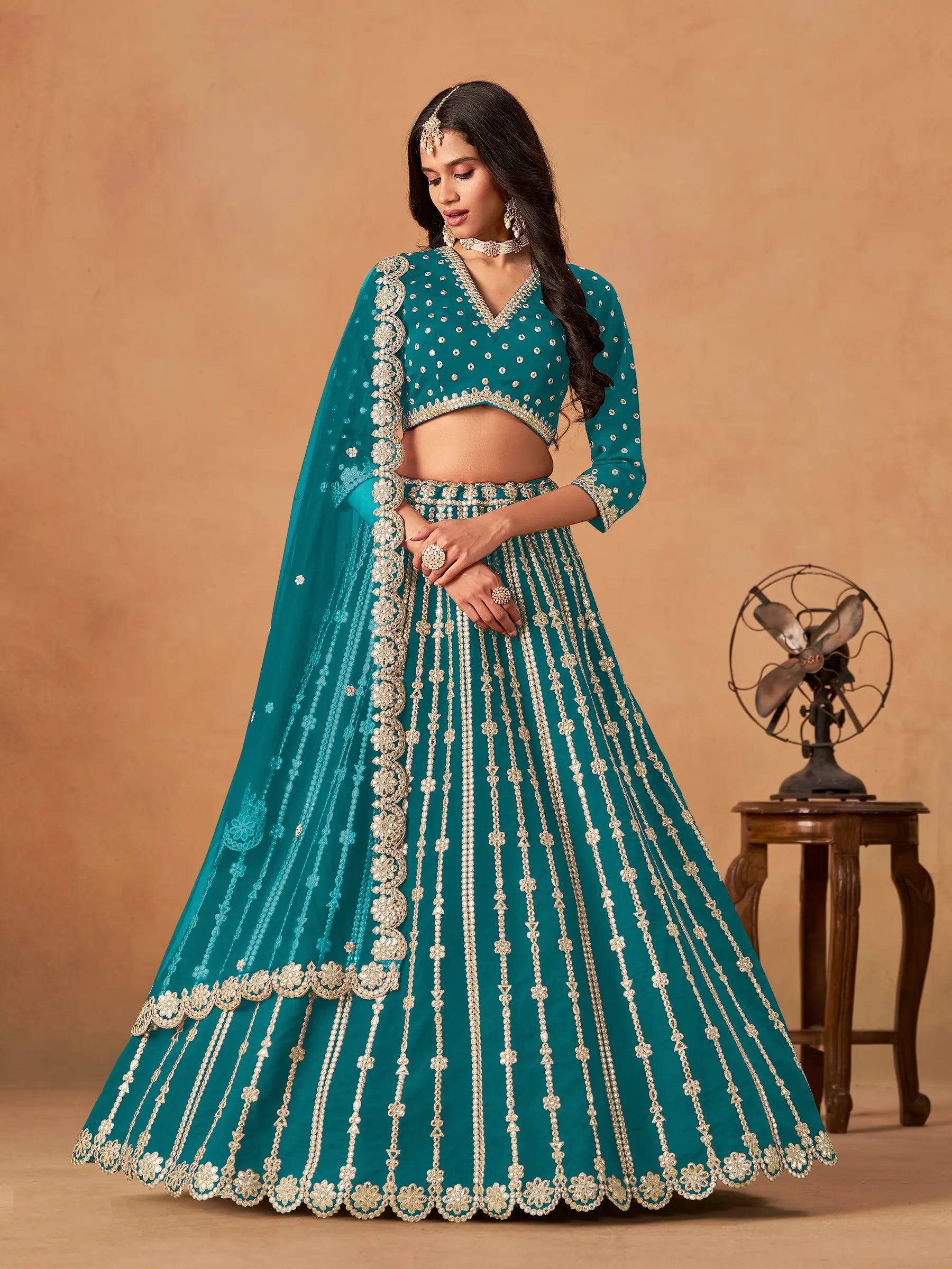 Teal Blue Art Silk Paper Mirror & Embroidery Lehenga Choli - qivii