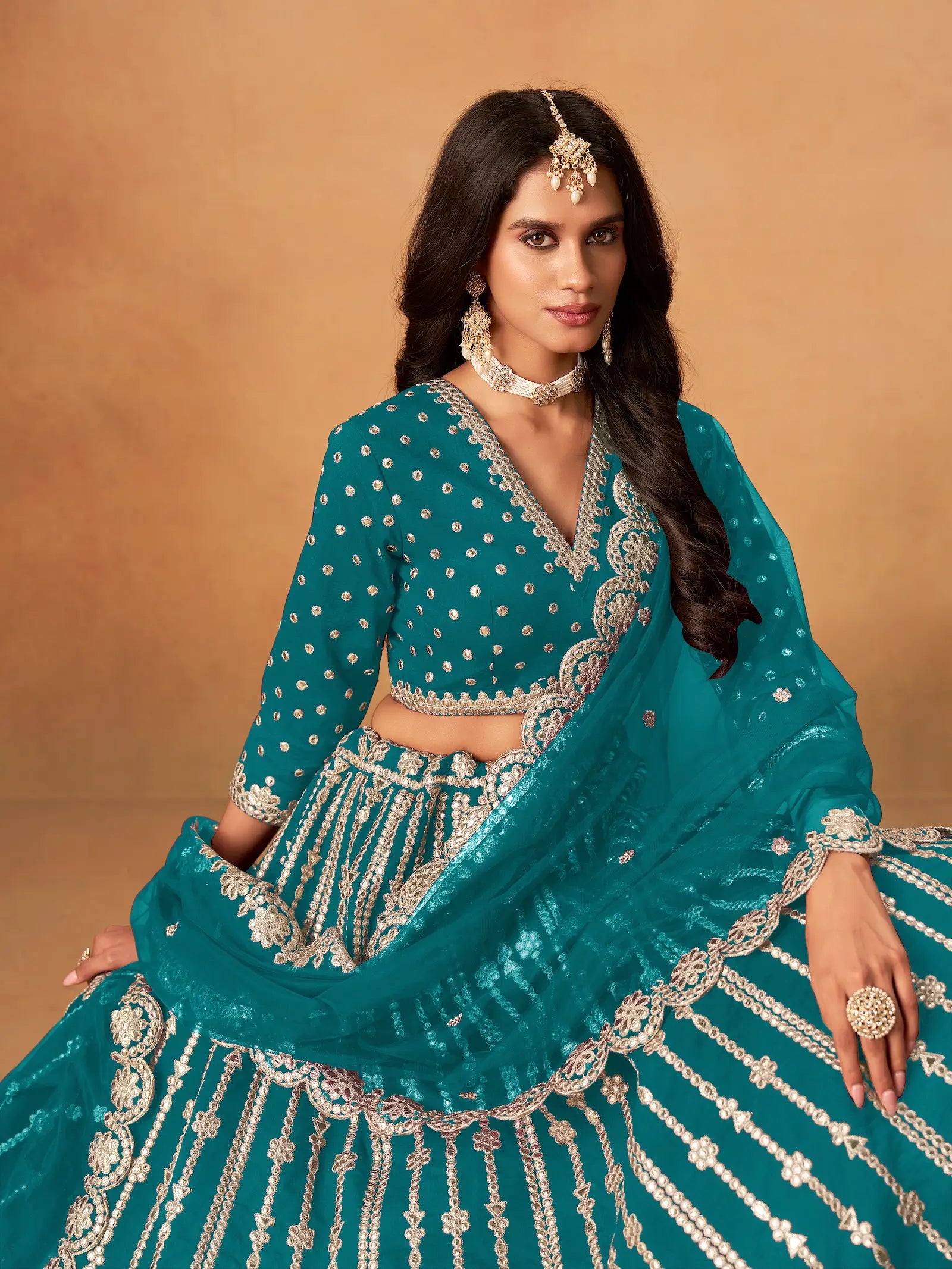 Teal Blue Art Silk Paper Mirror & Embroidery Lehenga Choli - qivii