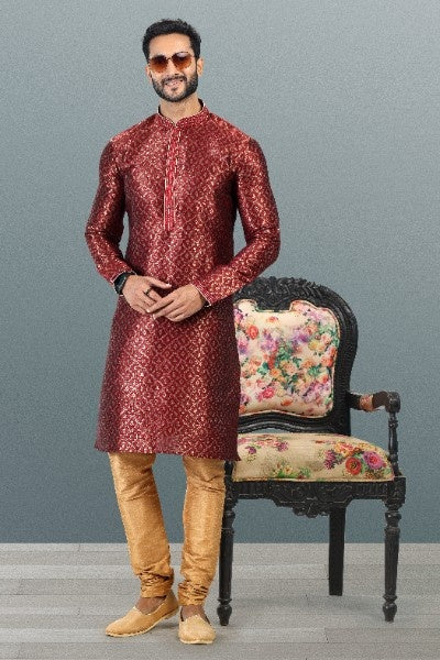 Men's Maroon Jacquard Banarasi Silk Pintux Work Kurta Pajama Set