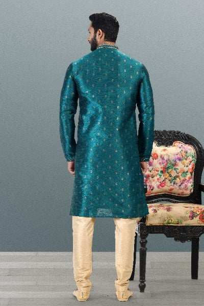 Men's Teal Green Jacquard Banarasi Silk Pintux Work Kurta Pajama Set
