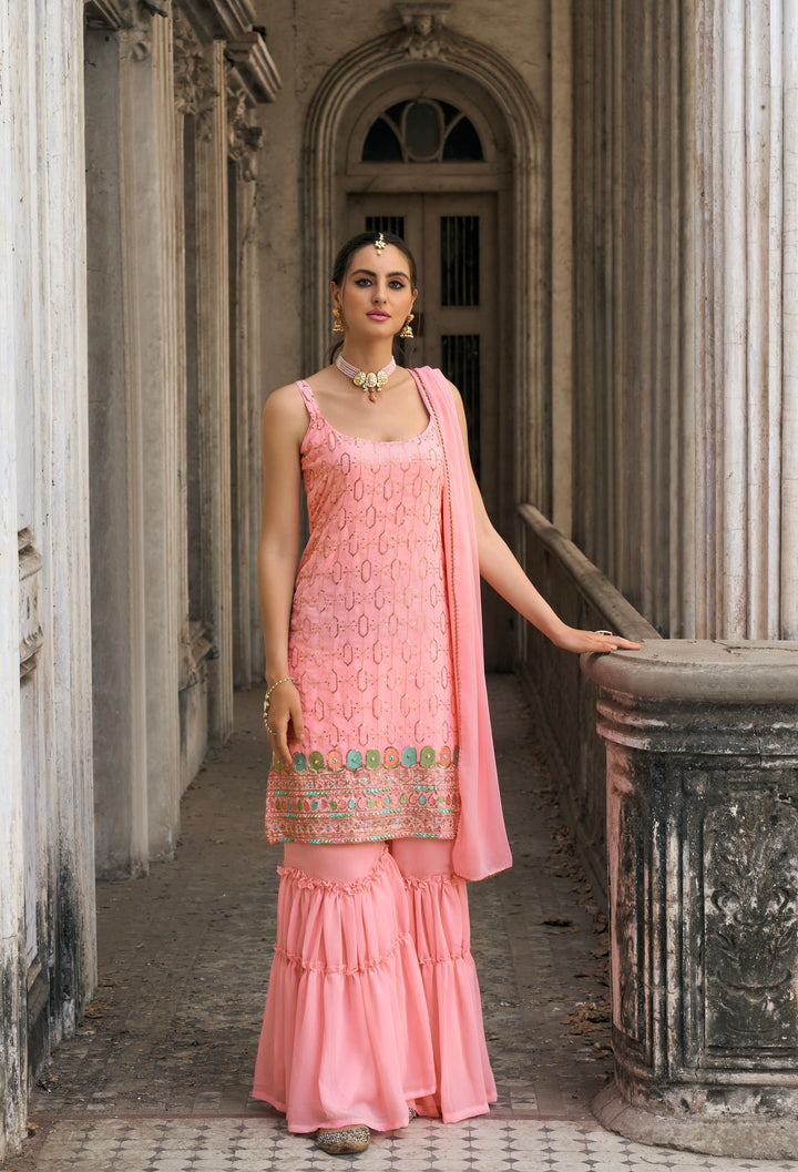 Pink Faux georgette Embroidery sequence work Salwar Suit