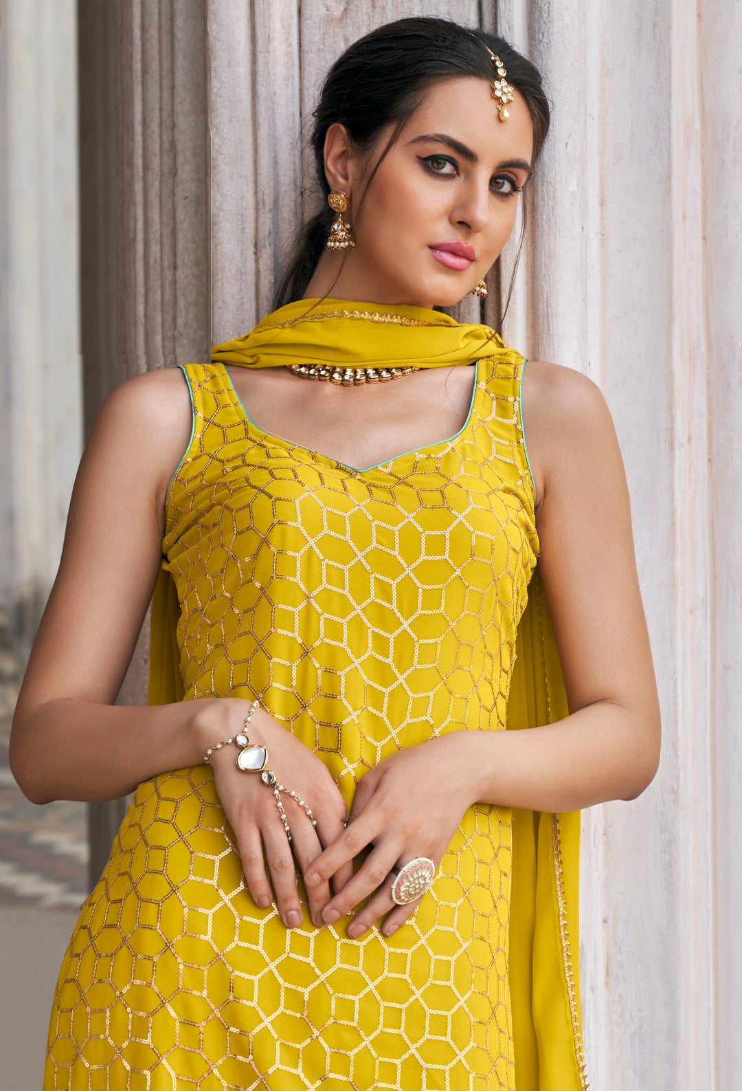 Yellow Faux georgette Embroidery sequence work Salwar Suit