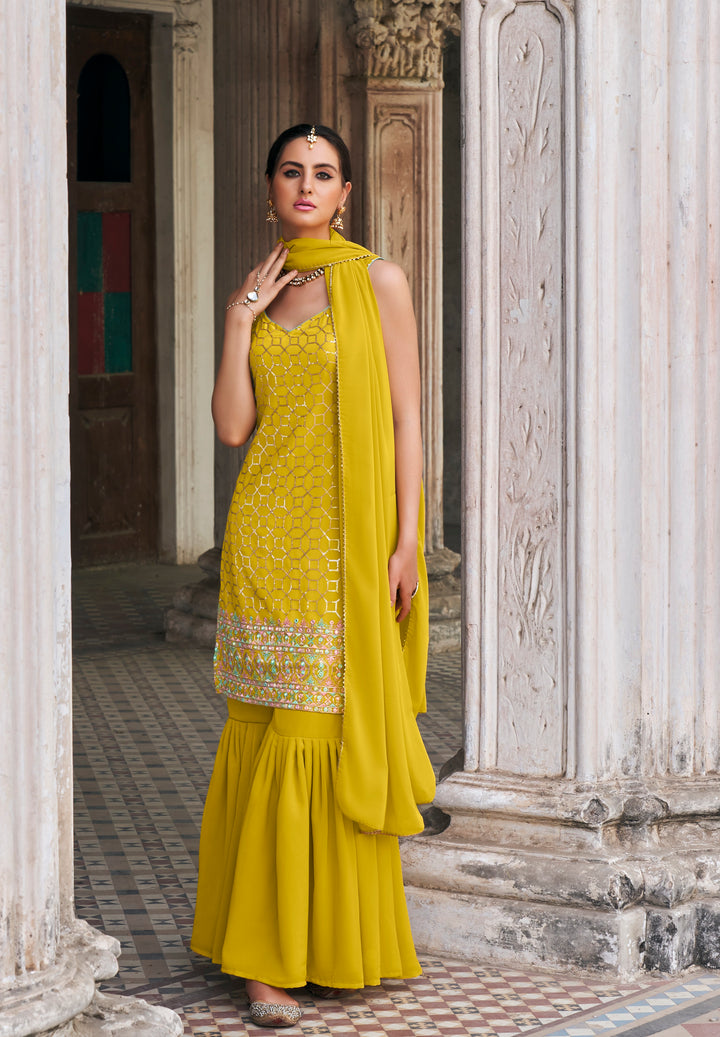 Yellow Faux georgette Embroidery sequence work Salwar Suit