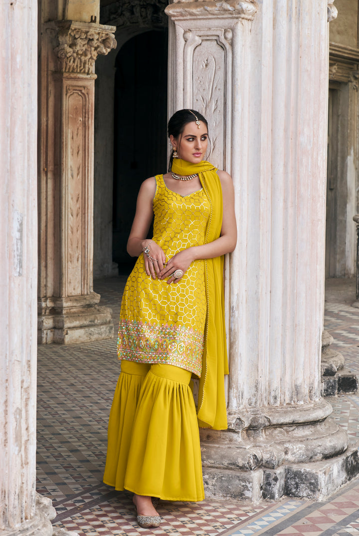 Yellow Faux georgette Embroidery sequence work Salwar Suit