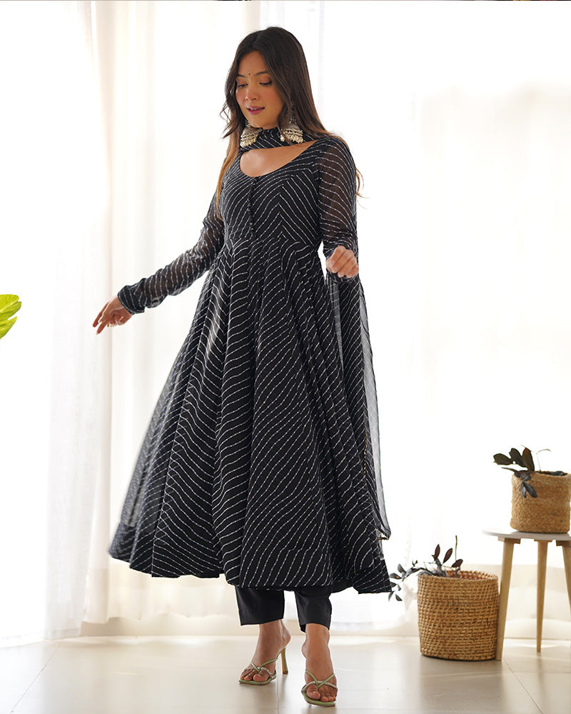 Black Color Laheriya Print Georgette Three Piece Anarkali Suit  - By Qivii