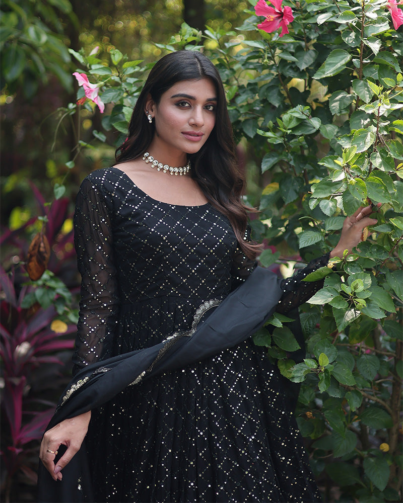 Black Color Designer Anarkali Gown With Dupatta  - By Qivii