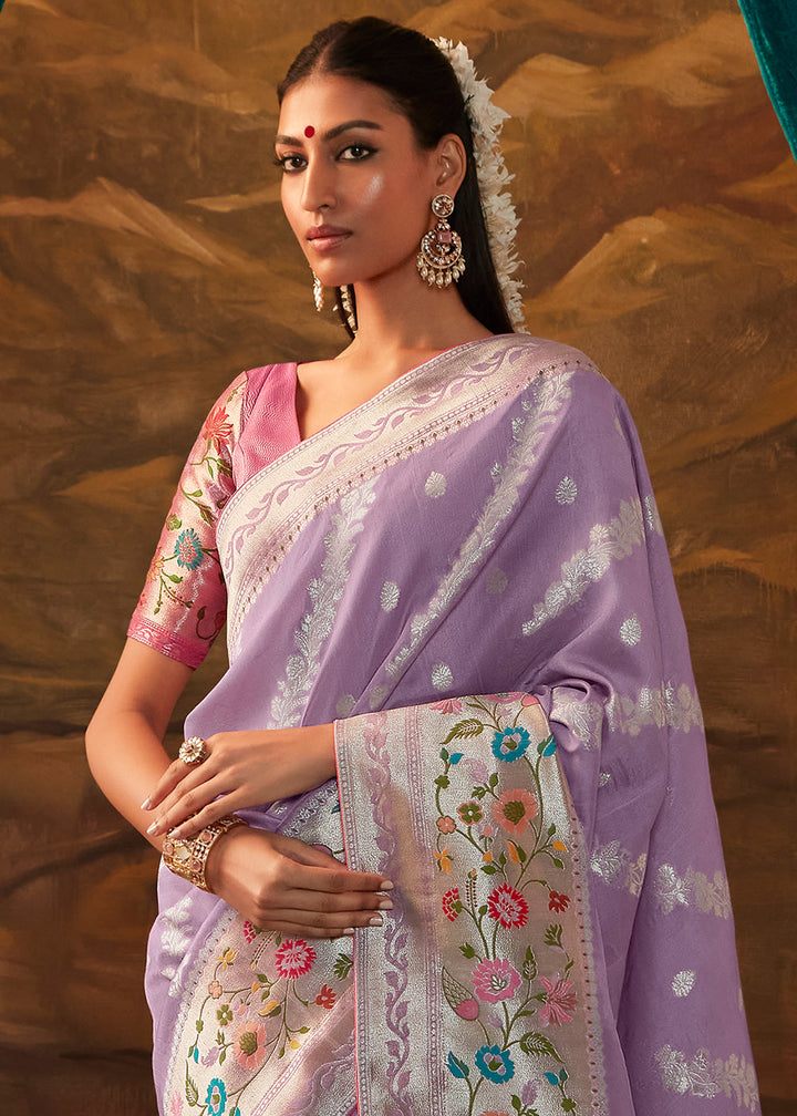 Amethyst Purple Paithani Banarasi Silk Saree having Resham Woven Floral Motifs