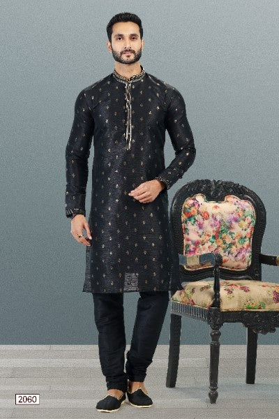 Men's Black Jacquard Banarasi Silk Pintux Work Kurta Pajama Set