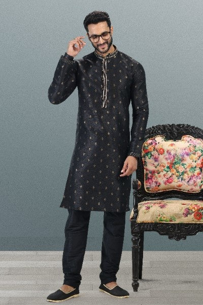 Men's Black Jacquard Banarasi Silk Pintux Work Kurta Pajama Set