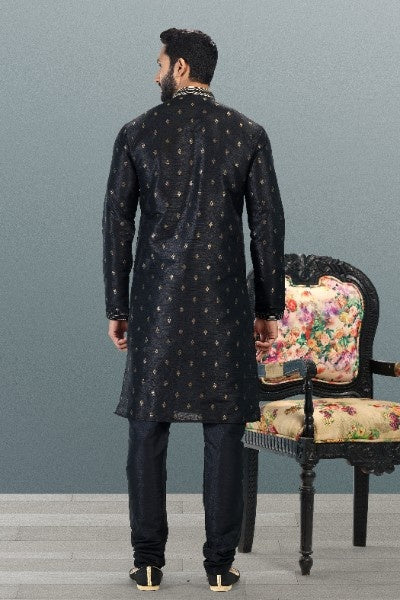 Men's Black Jacquard Banarasi Silk Pintux Work Kurta Pajama Set