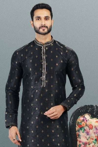 Men's Black Jacquard Banarasi Silk Pintux Work Kurta Pajama Set