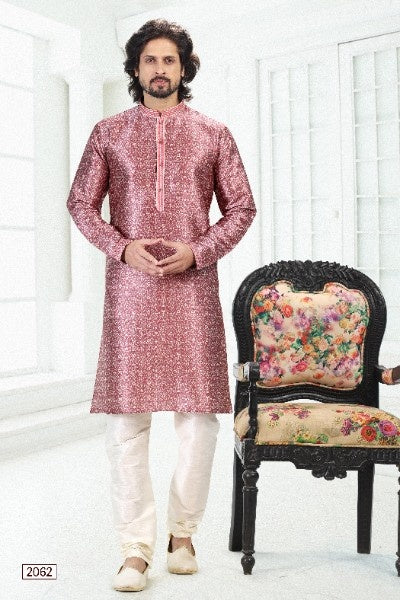 Men's Dark Pink Banarasi Silk Pintux Work Kurta Pajama Set