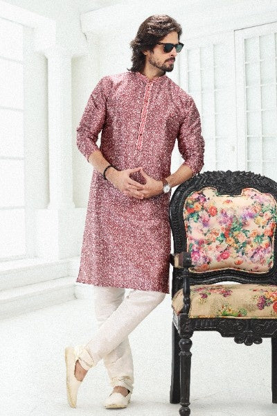 Men's Dark Pink Banarasi Silk Pintux Work Kurta Pajama Set