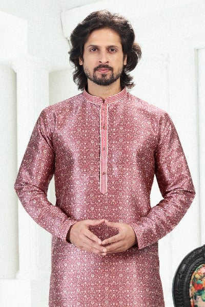 Men's Dark Pink Banarasi Silk Pintux Work Kurta Pajama Set