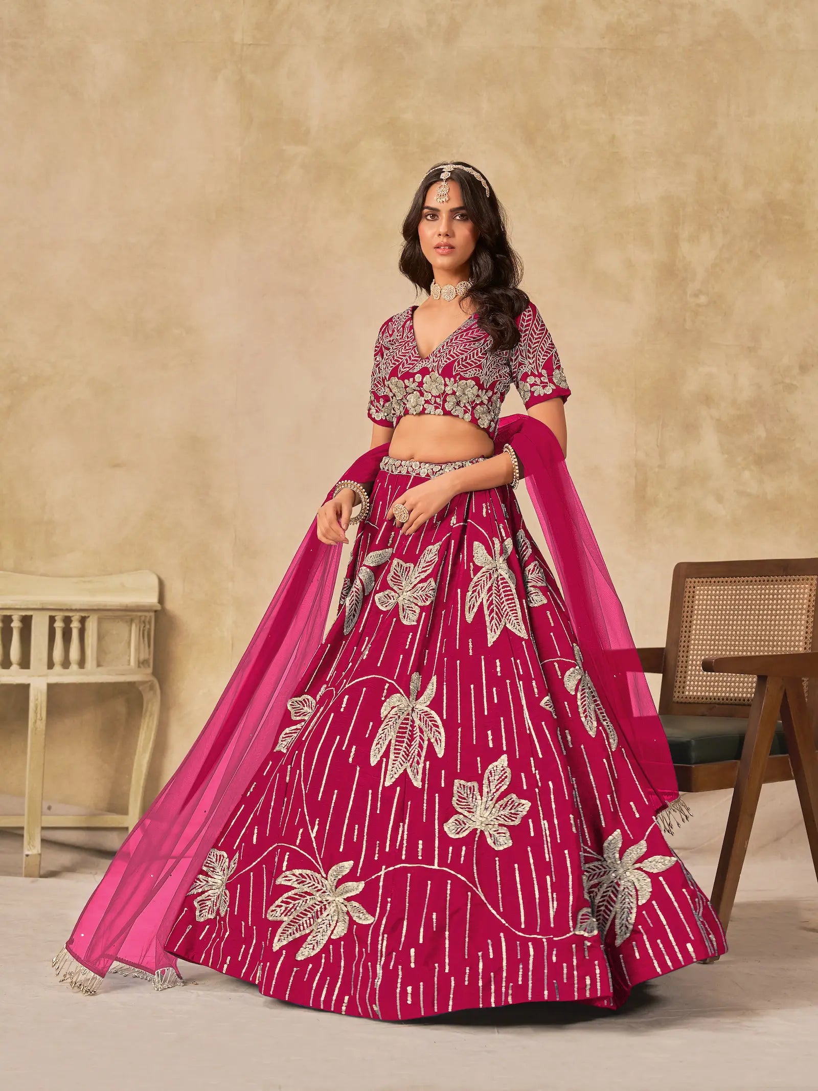 Pink Art Silk Lehenga Choli With Sequins Embroidery - qivii
