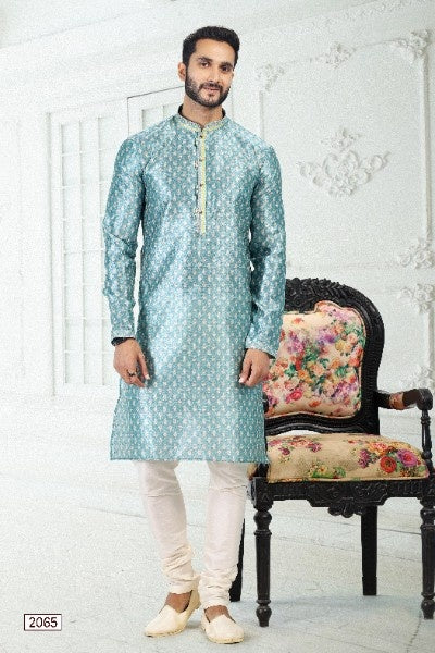 Men's Blue Banarasi Silk Pintux Work Kurta Pajama Set