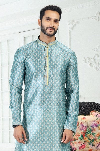 Men's Blue Banarasi Silk Pintux Work Kurta Pajama Set