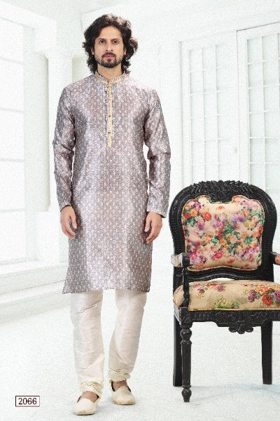 Men's Grey Banarasi Silk Pintux Work Kurta Pajama Set