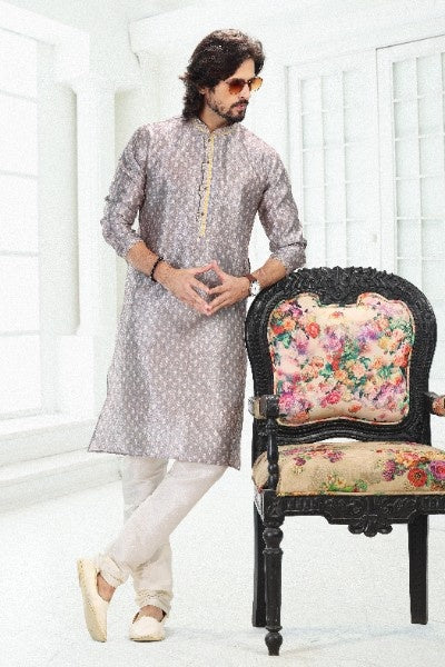 Men's Grey Banarasi Silk Pintux Work Kurta Pajama Set