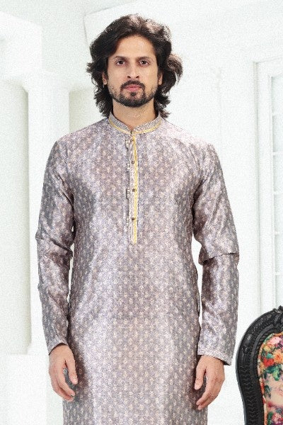 Men's Grey Banarasi Silk Pintux Work Kurta Pajama Set
