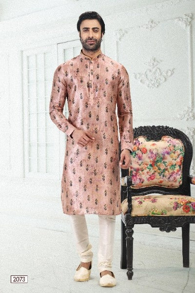 Men's Peach Banarasi Silk Pintux Work Kurta Pajama Set