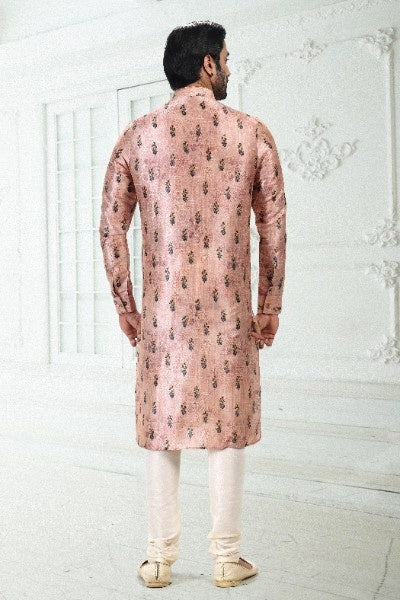 Men's Peach Banarasi Silk Pintux Work Kurta Pajama Set