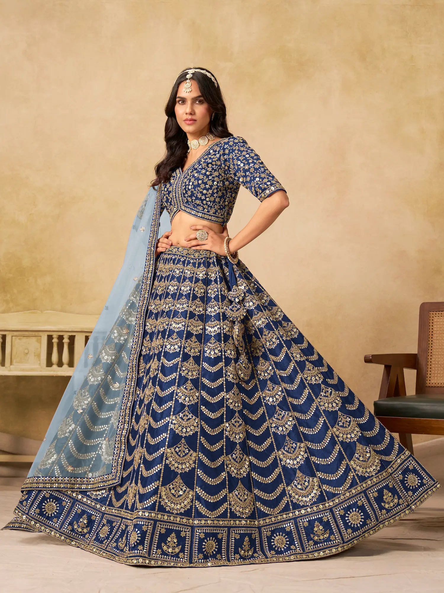 Nile Blue Art Silk Embroidery Lehenga Choli - qivii