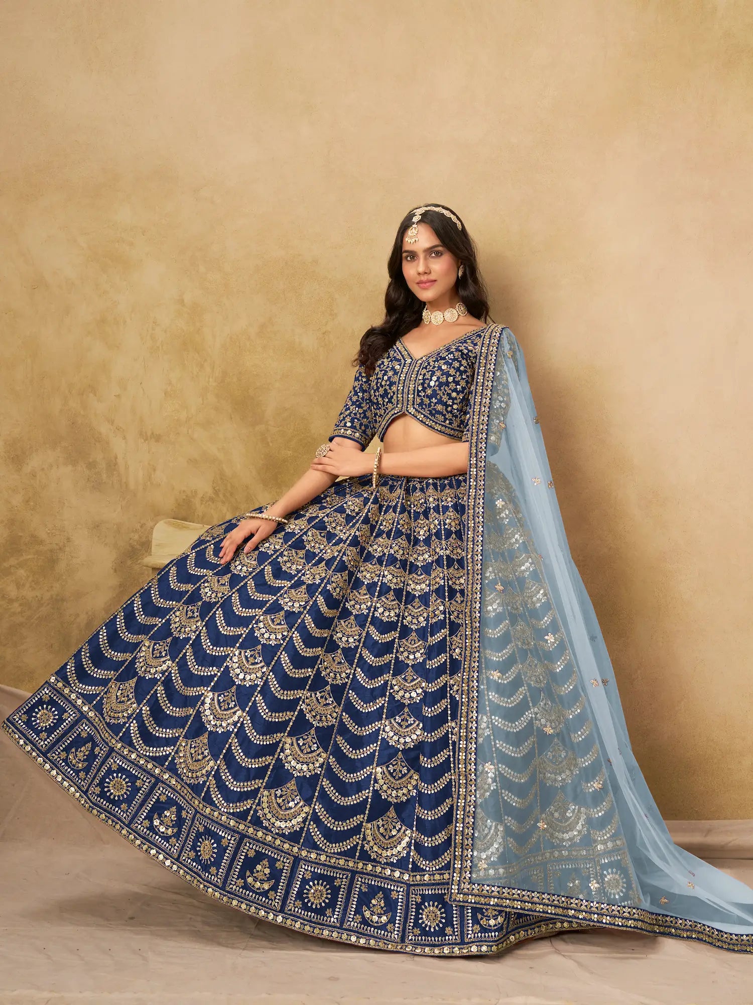 Nile Blue Art Silk Embroidery Lehenga Choli - qivii