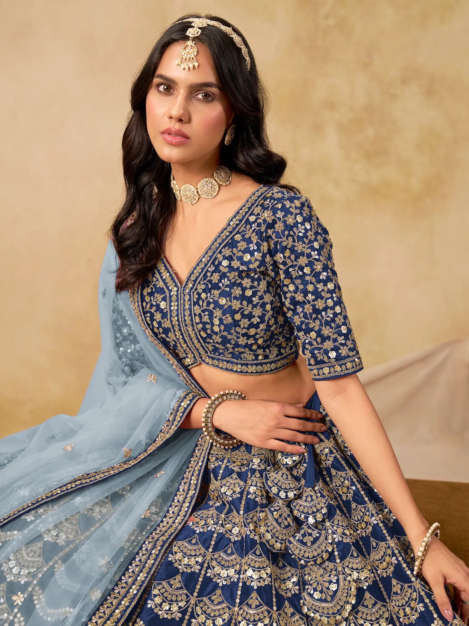 Nile Blue Art Silk Embroidery Lehenga Choli - qivii