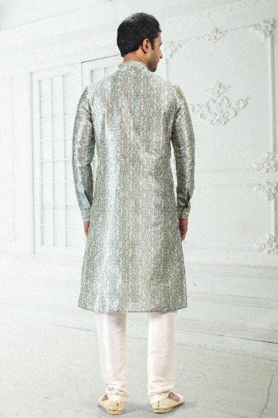 Men's Cream Teal Green Banarasi Silk Pintux Work Kurta Pajama Set