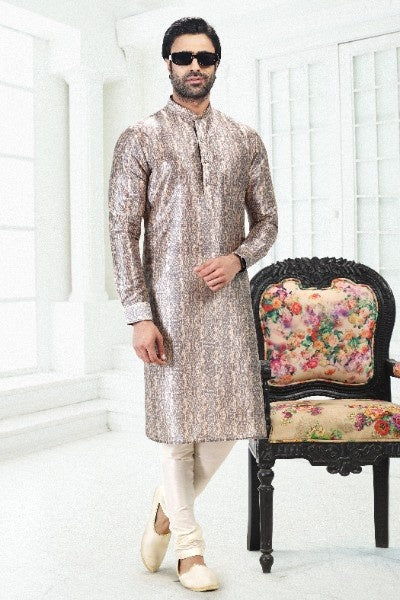 Men's Cream Grey Banarasi Silk Pintux Work Kurta Pajama Set