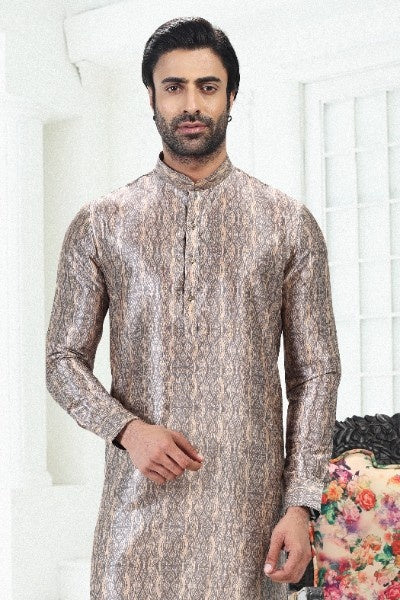 Men's Cream Grey Banarasi Silk Pintux Work Kurta Pajama Set