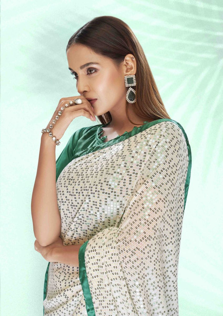 Rooh Green & White Georgette Saree