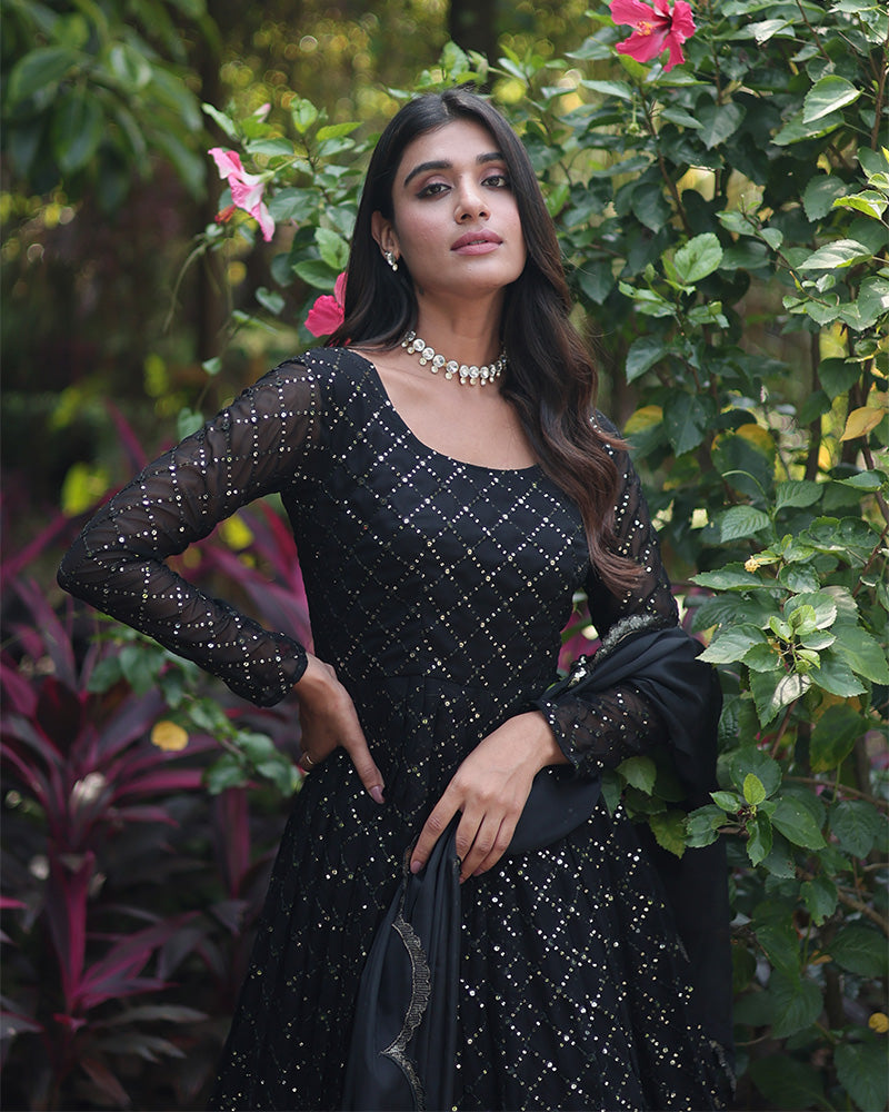 Black Color Designer Anarkali Gown With Dupatta  - By Qivii