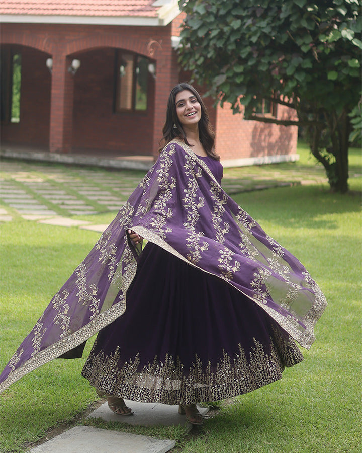 Wine Color Designer Fully Stitched Anarkali Gown  - By Qivii