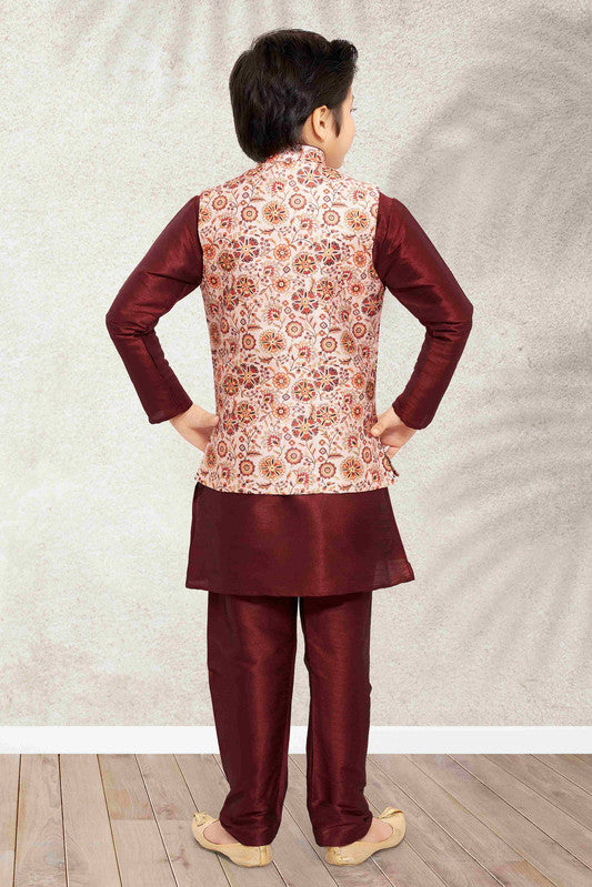 Boy's Cream Banarasi Silk Digital Printed Jacket Set