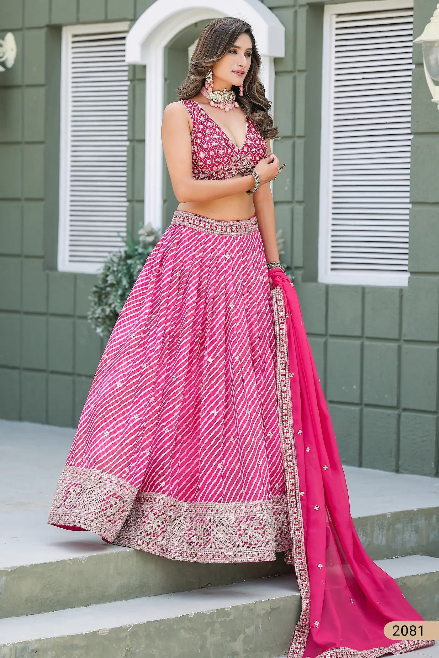 Hot Pink Silk Leheriya Print & Embroidery Lehenga Choli