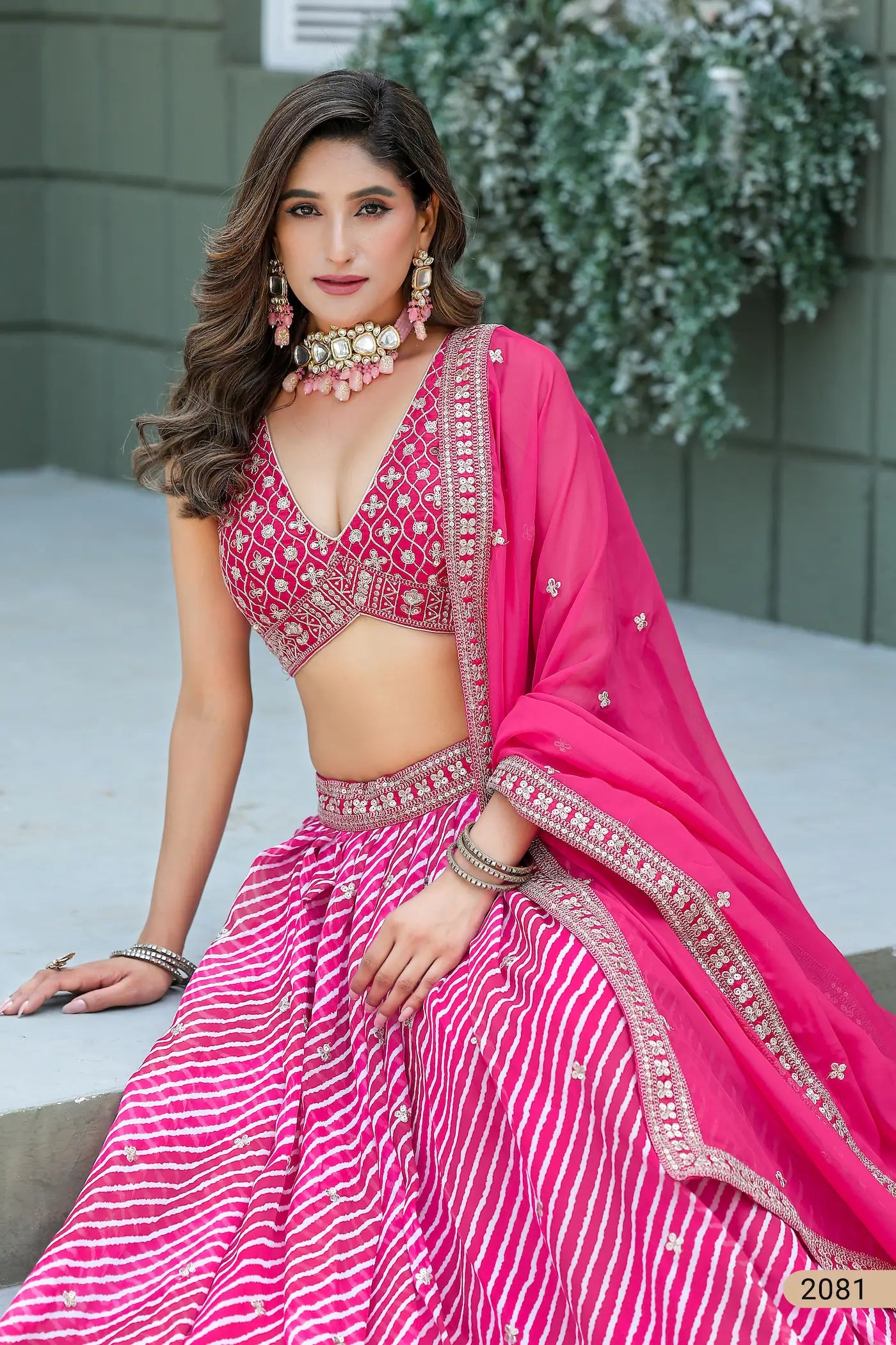 Hot Pink Silk Leheriya Print & Embroidery Lehenga Choli