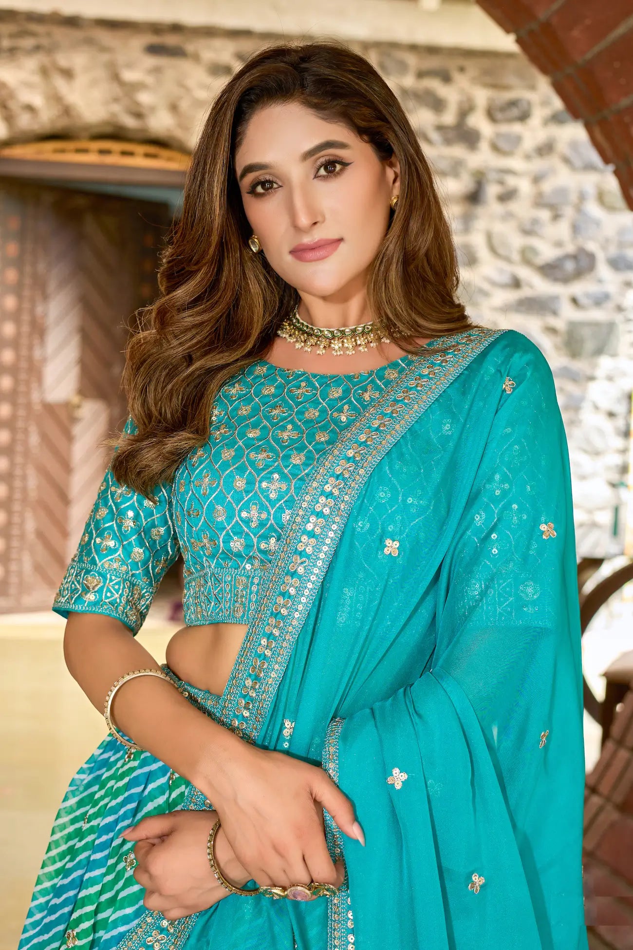 Turquoise Blue Silk Lehenriya Print & Embroidery Lehenga Choli